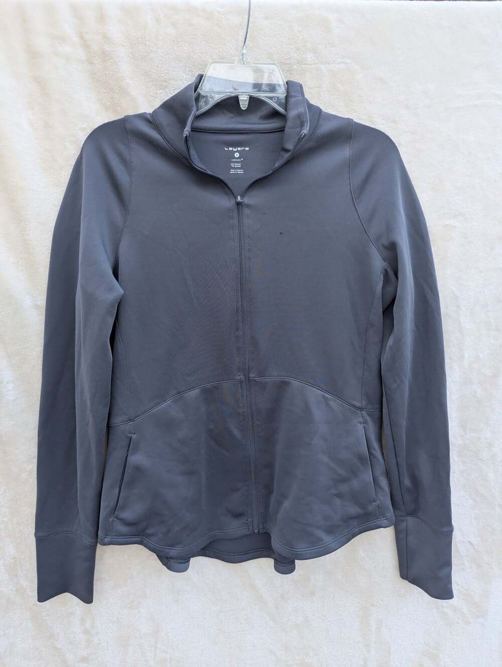 Layer 8 Women Jacket Small Gray Mock Neck Full Zip Qwick-Dry Active Thumb Holes